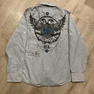 Y2K Helix Goth Grunge Button Up Shirt Youth Boys Large L Wings Tribal MMA Biker